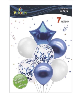 Набір з 7 кульок "Зірка, біло- синій мікс з хромом" Pelican (837312)