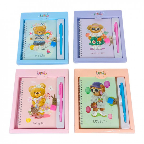 Блокнот на замочке металлическом 13 х 18см + ручка шариковая "Мишка" 48 листов в коробке, 4 вида Разноцветный Без бренда (36962-А)