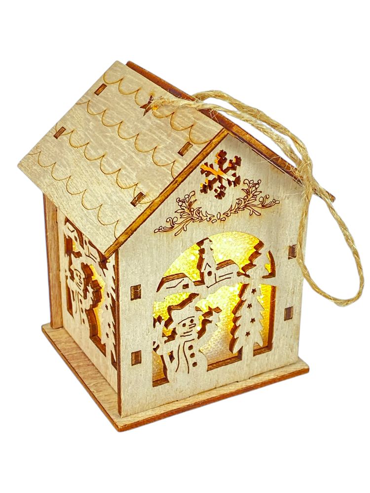 Дерев'яний підвіс Будиночок з підсвічуванням зі сніговиком 6 х 6 х 8см (L00413)