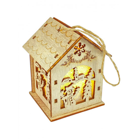 Дерев'яний підвіс Будиночок з підсвічуванням зі сніговиком 6 х 6 х 8см (L00413)