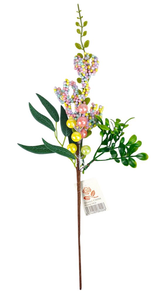 Новорічна гілка з ягідками 32 см, зелена з кольоровими кульками (с30594)