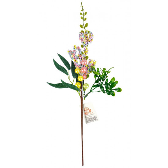 Новорічна гілка з ягідками 32 см, зелена з кольоровими кульками (с30594)