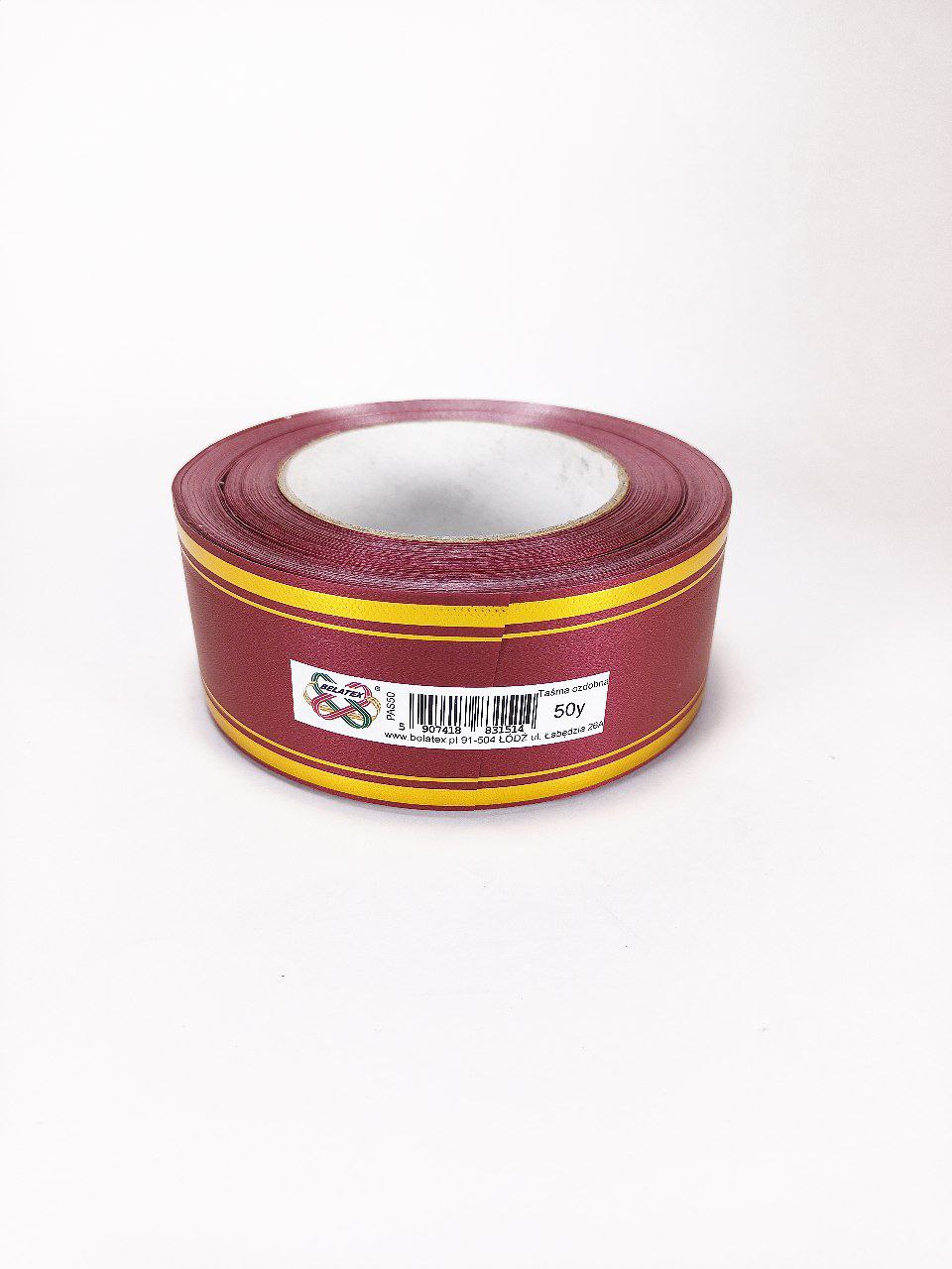 Стрічка пластикова 5см, 50 ярд,  бордо  2 золоті  смужки Червоний Unison (PAS50 -2 burgundy)