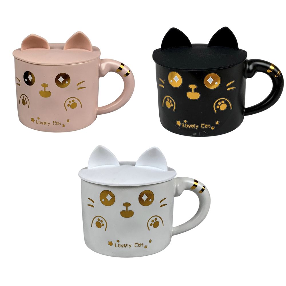 Чашка керамічна 380мл "Котик-Вушка"  з силіконовою кришкою, 4 види (8383)