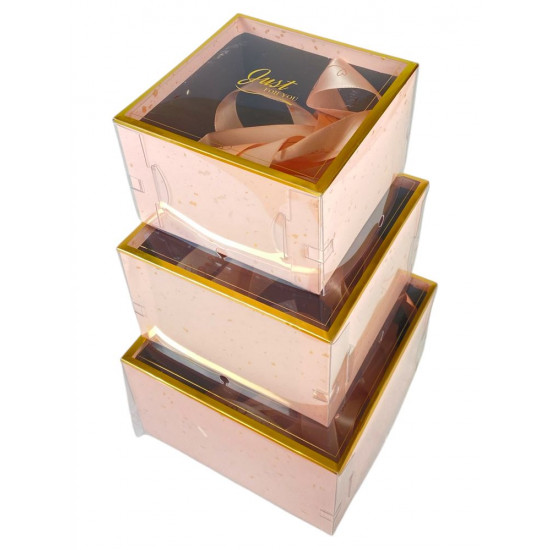 Коробка подарочная квадратная с прозрачной крышкой и лентами, набор-3 шт (P3-003L)