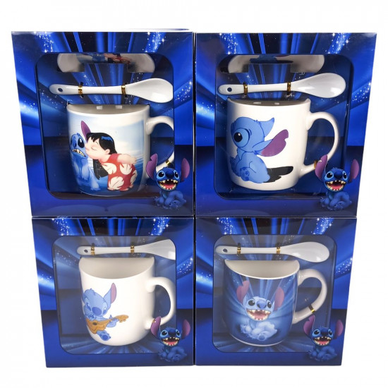 Чашка керамічна 350мл "Стiч" з блюдцем та ложкою 4 види (1020)