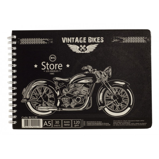 Альбом для малювання на спіралі KRAFT 30 аркушів, 120г/м А5. чорний папір Ofort (BL5130)