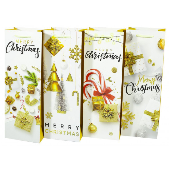 Пакет подарунковий 271JD новорічний з глітером  під пляшку, 4 дизайни, 210g , 12.8*36*8.4см (271JD)