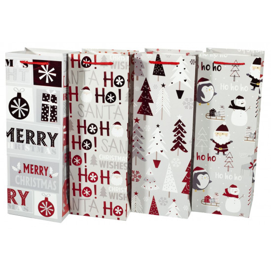 Пакет подарунковий 275JD новорічний фольгований  під пляшку, 4 дизайни, 210g , 12.8*36*8.4см (275JD)