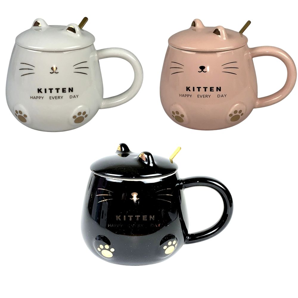Чашка керамічна 400мл "Котик-мордочка" з кришкою, з золотою ложкою, 3 види (3761)