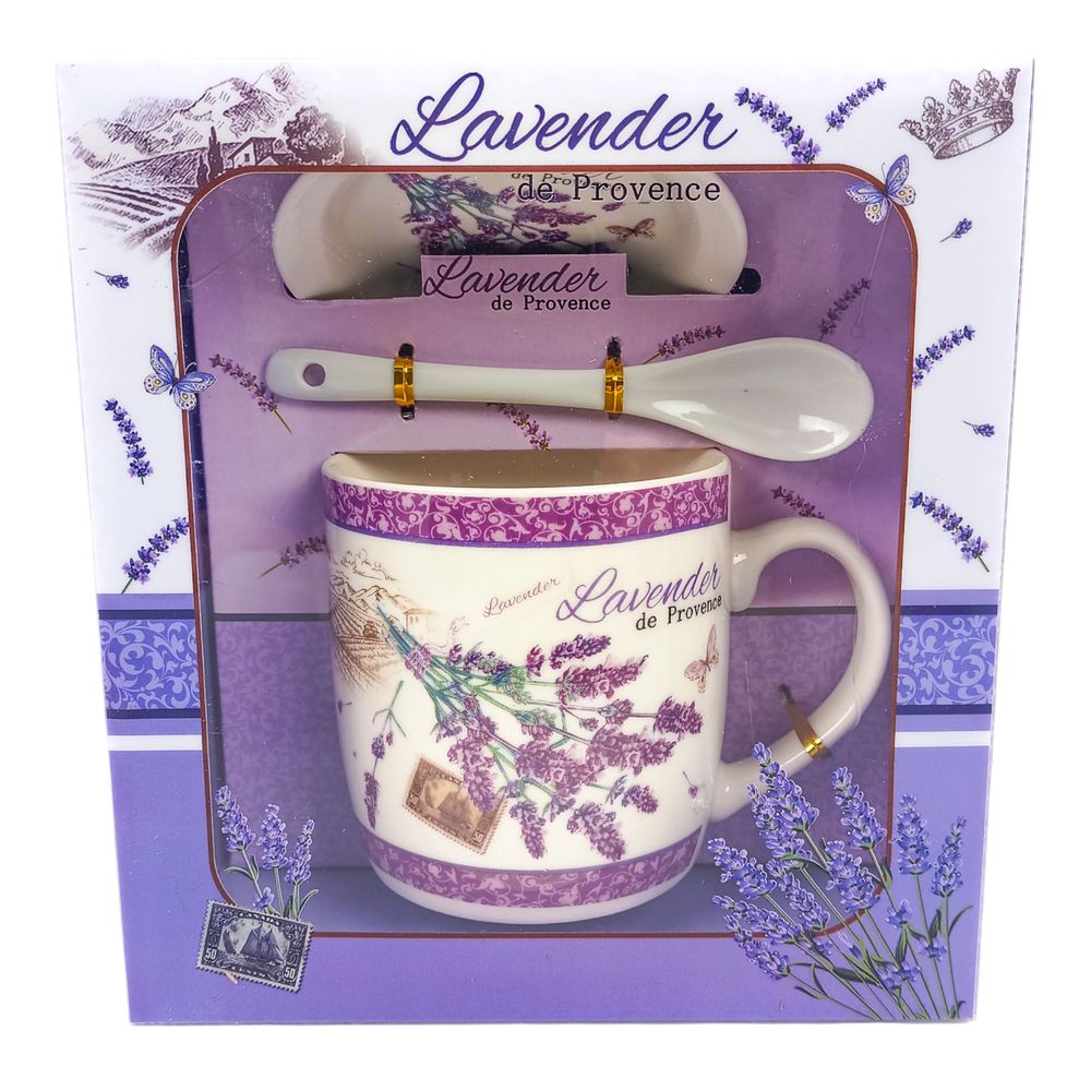 Чашка керамічна 350мл "Лаванда" з блюдцем та ложкою 4 види (477)