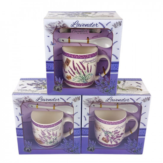Чашка керамічна 350мл "Лаванда" з блюдцем та ложкою 4 види (477)