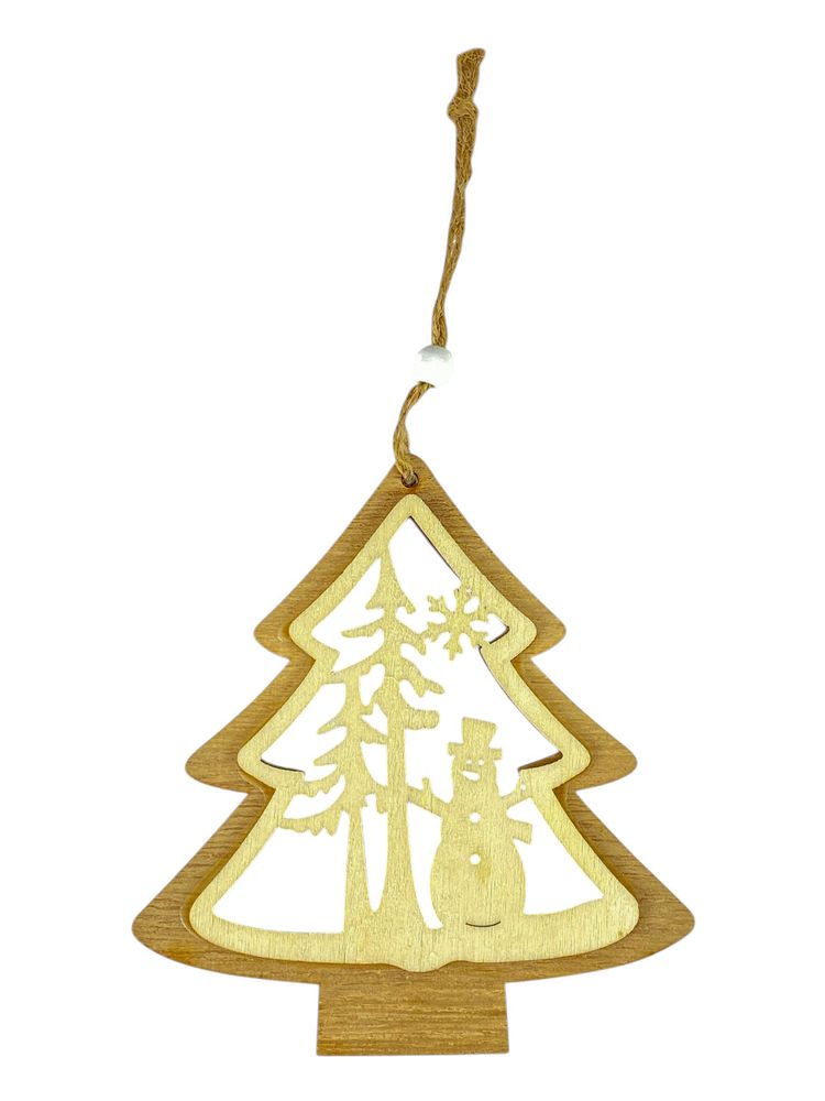 Дерев'яна підвісна ялинка зі сніговиком 13 х 12см (L00403)