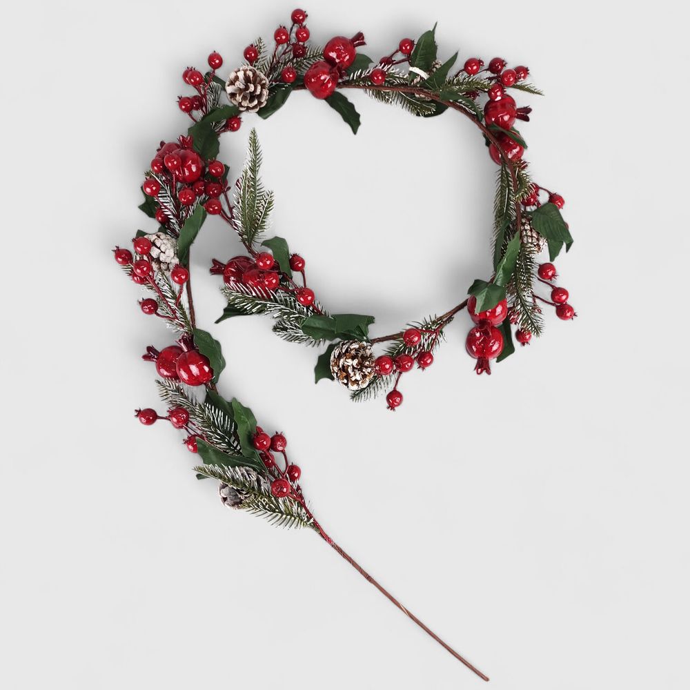Гірлянда декоративна хвойна з червоними ягодами та зеленим листям  1.8 м Різнокольоровий Unison (GD-36)