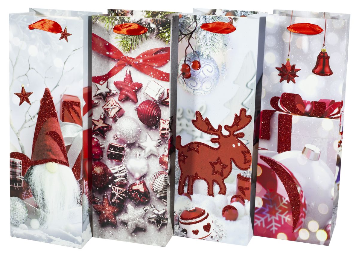 Пакет подарунковий 244JD новорічний з глітером  під пляшку, 4 дизайни, 210g , 12.8*36*8.4см (244JD)