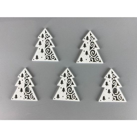 Дерев'яна ялинка з завитками і зірками 5 х 6см, біла, 5шт (TK-025)