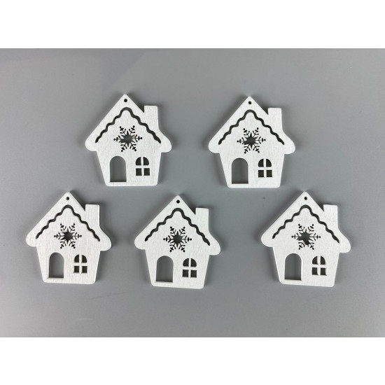 Дерев'яний будиночок зі сніжинкою 5 х 6см, білий, 5шт (TK-026)