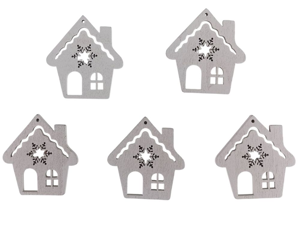 Дерев'яний будиночок зі сніжинкою 5 х 6см, білий, 5шт (TK-026)