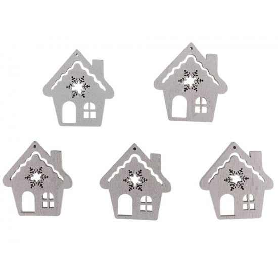 Дерев'яний будиночок зі сніжинкою 5 х 6см, білий, 5шт (TK-026)