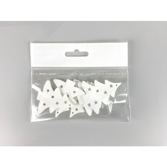 Дерев'яна ялинка з зірками 5 х 6см, біла, 5шт (TK-027)