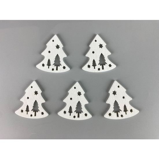 Дерев'яна ялинка з зірками і ялинами 5 х 6см, біла, 5шт (TK-032)