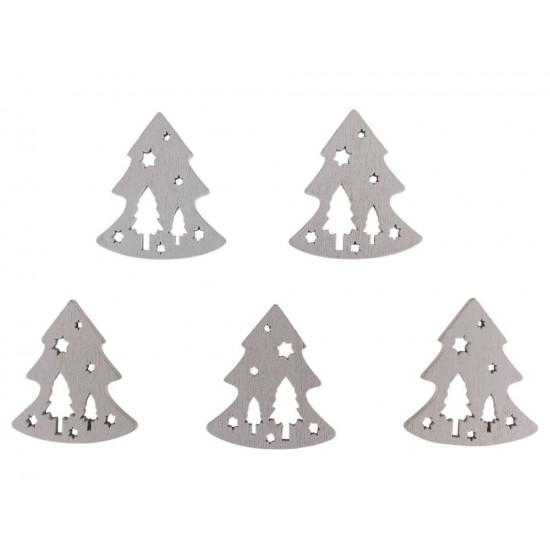 Дерев'яна ялинка з зірками і ялинами 5 х 6см, біла, 5шт (TK-032)