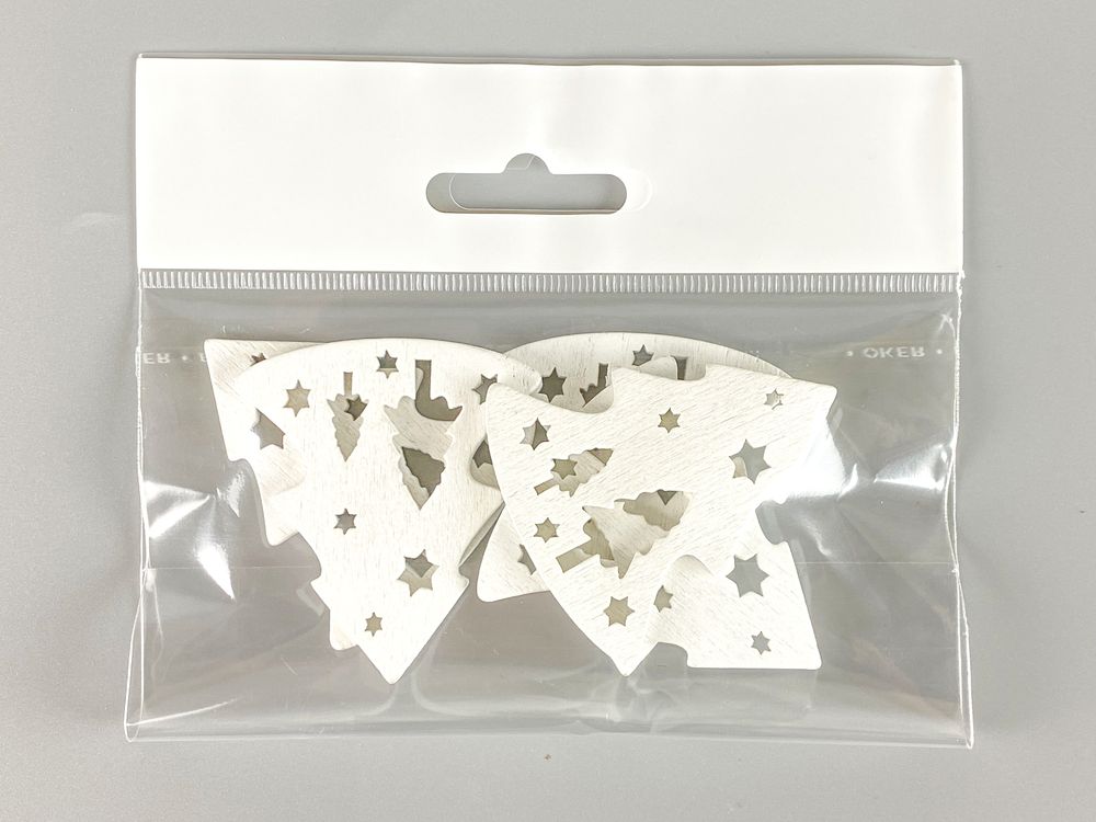 Дерев'яна ялинка з зірками і ялинами 5 х 6см, біла, 5шт (TK-032)