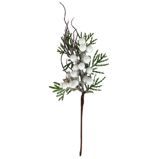 Новорічна гілка 35см, зелена з білми ягідками (с30597)