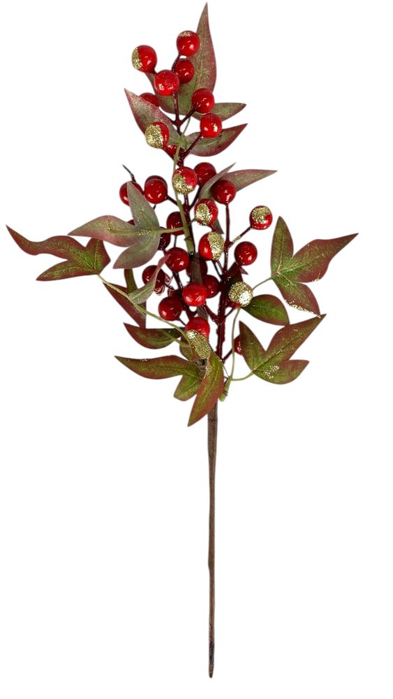 Новорічна гілка 35см, зелена-коричнева з червоними ягідками (с30604)