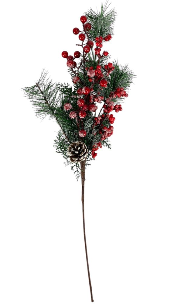 Новорічна гілка 60см, зелена  з шишками та червоними ягідками (с30598)