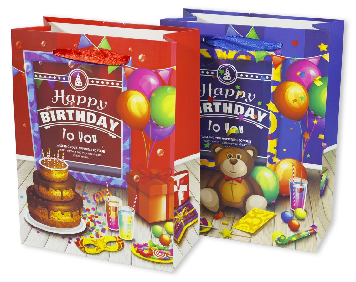 Пакет подарунковий DV-BK-9367S, з днем народження - 4дизайни, 210g, 18x24x8.5cm (DV-BK-9367S)