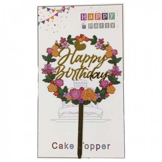 Топер для торта Happy Birthday золото з квітковим віночком 20шт/уп Різнокольоровий Без бренду (10136 gold)