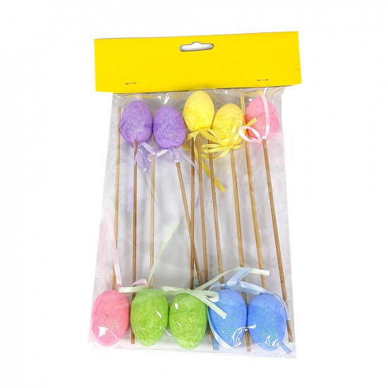 Набор цветных пасхальных яиц 5 х 3см с глиттером - 10шт на деревянной палочке 21см Разноцветный Без бренда (L00530 G)