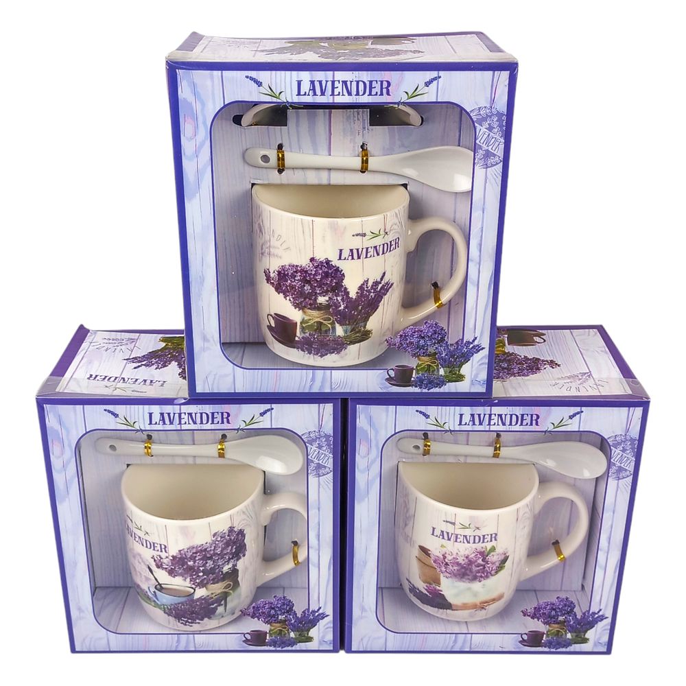 Чашка керамічна 350мл "Лаванда" з блюдцем та ложкою 4 види (1390)