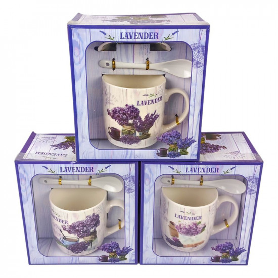 Чашка керамічна 350мл "Лаванда" з блюдцем та ложкою 4 види (1390)