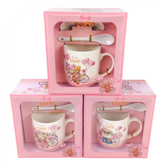 Чашка керамічна 350мл "Ведмедик-на удачу" з блюдцем та ложкою 4 види (1953 Bear)