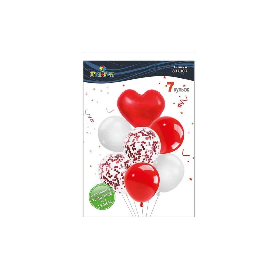 Набор из 7 шариков "Сердце, бело-красный микс" Pelican (837307)