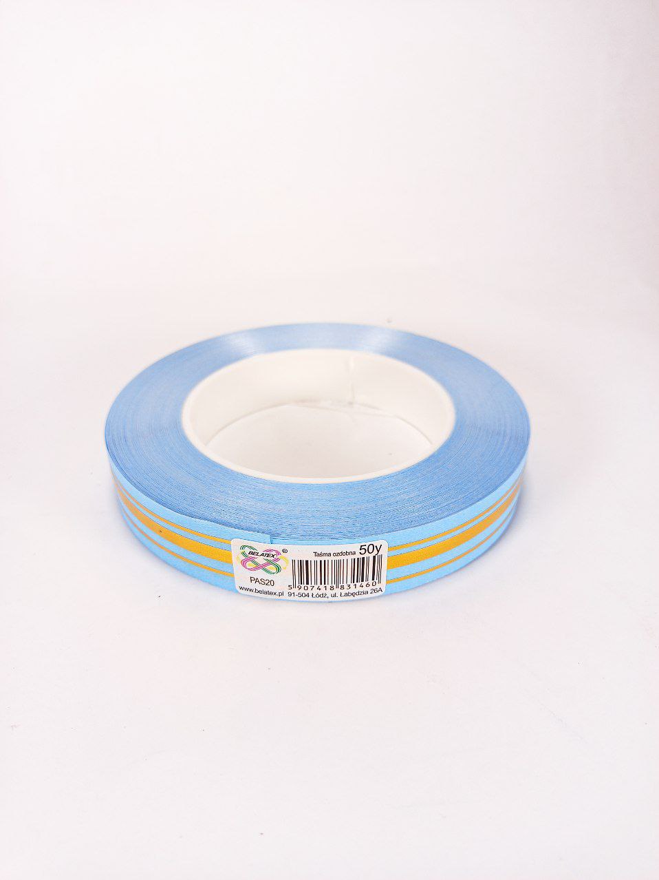 Стрічка пластикова 2см, 50 ярд,  блакитна + 3 золоті смужки Блакитний Unison (PAS20 - light blue)