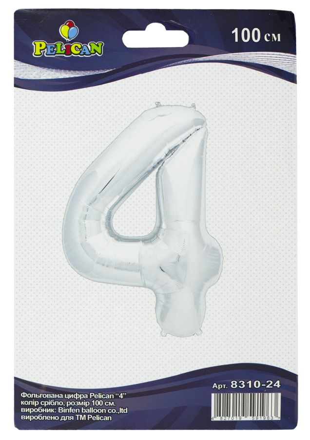 Цифра фольгированная Pelican, "4" серебро 100см Серебряный Pelican (831024)