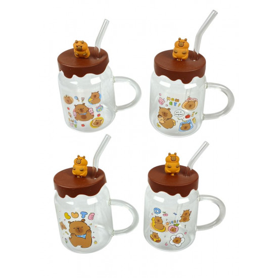 Чашка скляна 500 мл "Капібара" з силіконовою кришкою, трубочкою, 4 види (9497)