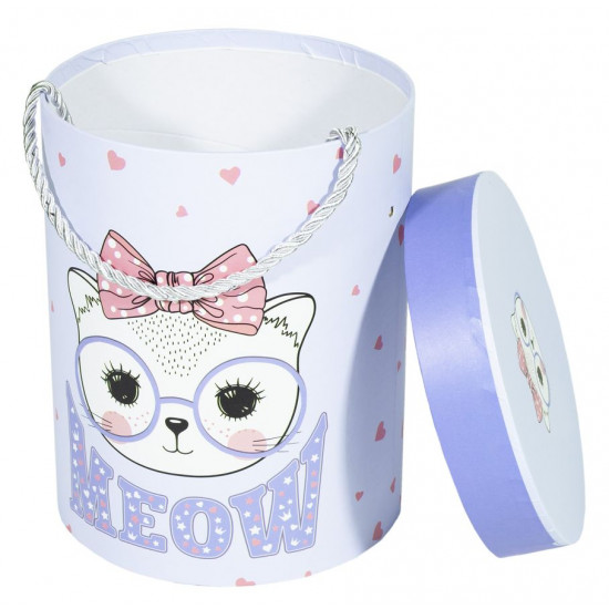 Кругла подарункова коробка 17,5x14,5/15,5x12,3 cm., для квітів "Коти" блакитна, (2шт в наборі) (371-41-2)