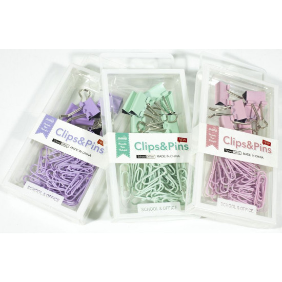 Набор канцелярський пастельний (біндери 19мм 6 шт, скріпки 28мм 40 шт) Unison (2064)