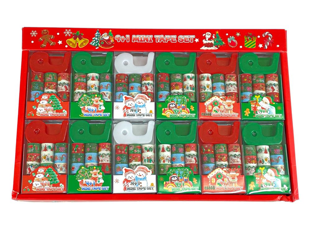 Набір стрічок декоративних паперових Washi 9шт 1,5см х 1м з діспенсером, Новорічні (CH9+1)