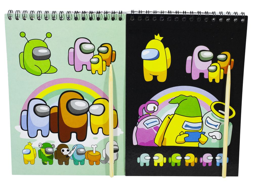 Блокнот для гравюр А6/ 10 чорні листи "Among us"+дер.палоч.Scratch note_10x14см, 2 види (E-3001-AS)