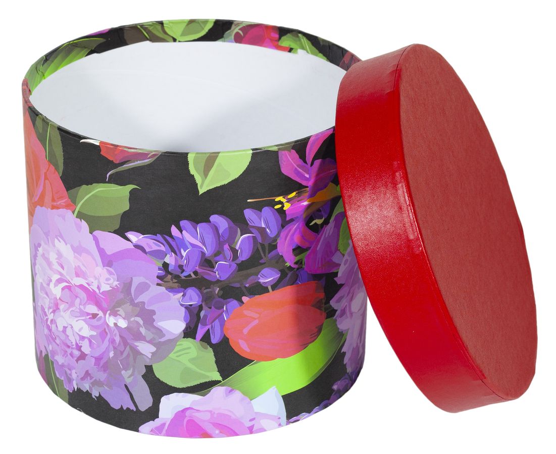 Кругла подарункова коробка 14х16х16;12х14.5х14.5;11.5х12.3х12.3см ,для квітів червона з квітами (3шт в наборі) (371-25-3)