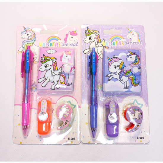 Набір блокнот + ручка кулькова 3-х кольорів + маркер + скотч "Єдиноріг" у блістері Різнокольоровий Unison (Е-006-U)