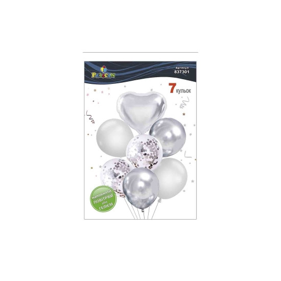 Набор из 7 шариков "Сердце, серебряный микс с хромом" Pelican (837301)