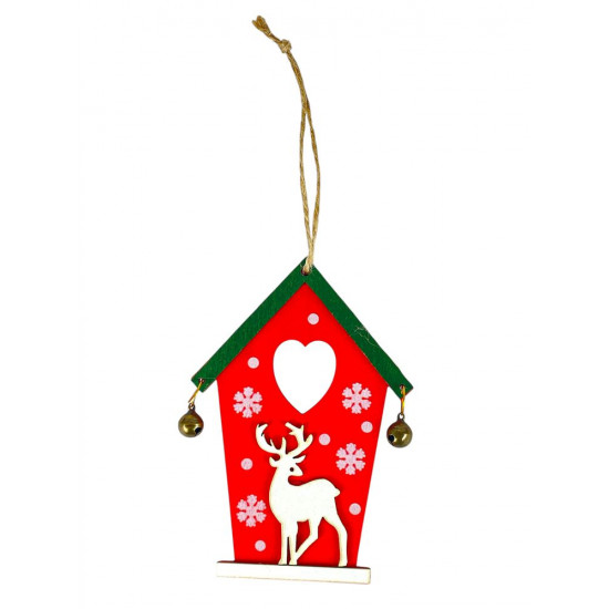Дерев'яна підвіска будиночок червоний з оленем 12 х 8, 5см (L00408.1)