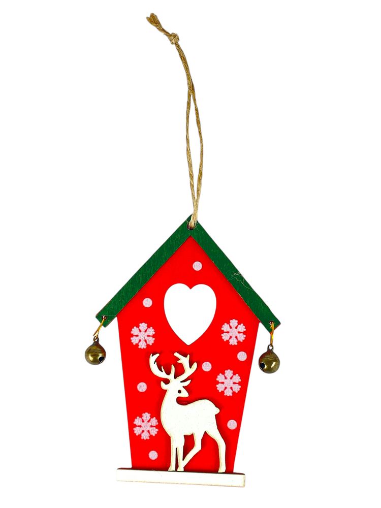 Дерев'яна підвіска будиночок червоний з оленем 12 х 8, 5см (L00408.1)