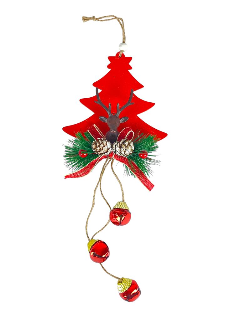 Деревʼяная підвіска ялинка червона з оленем 12 х 12 см (L00409.1)